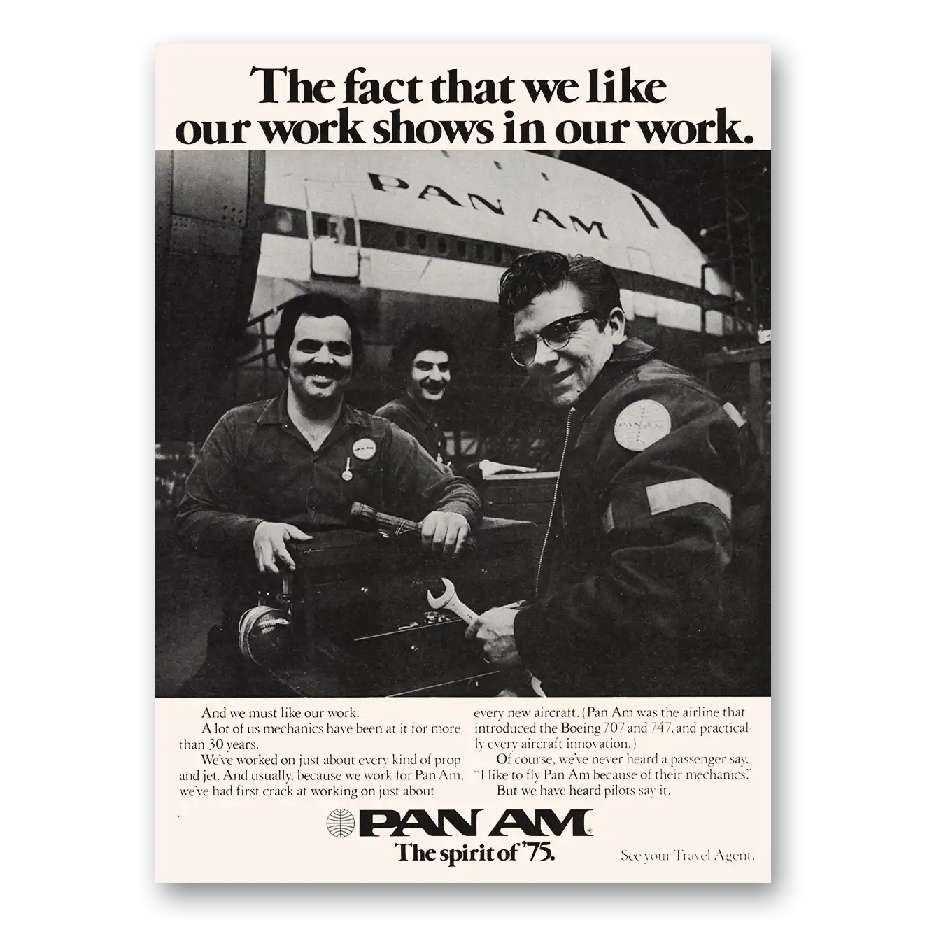 1975 Pan Am We Like Our Work Mechanics Vintage Magazine Print Ad