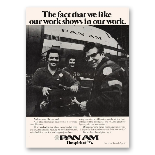 1975 Pan Am We Like Our Work Mechanics Vintage Magazine Print Ad