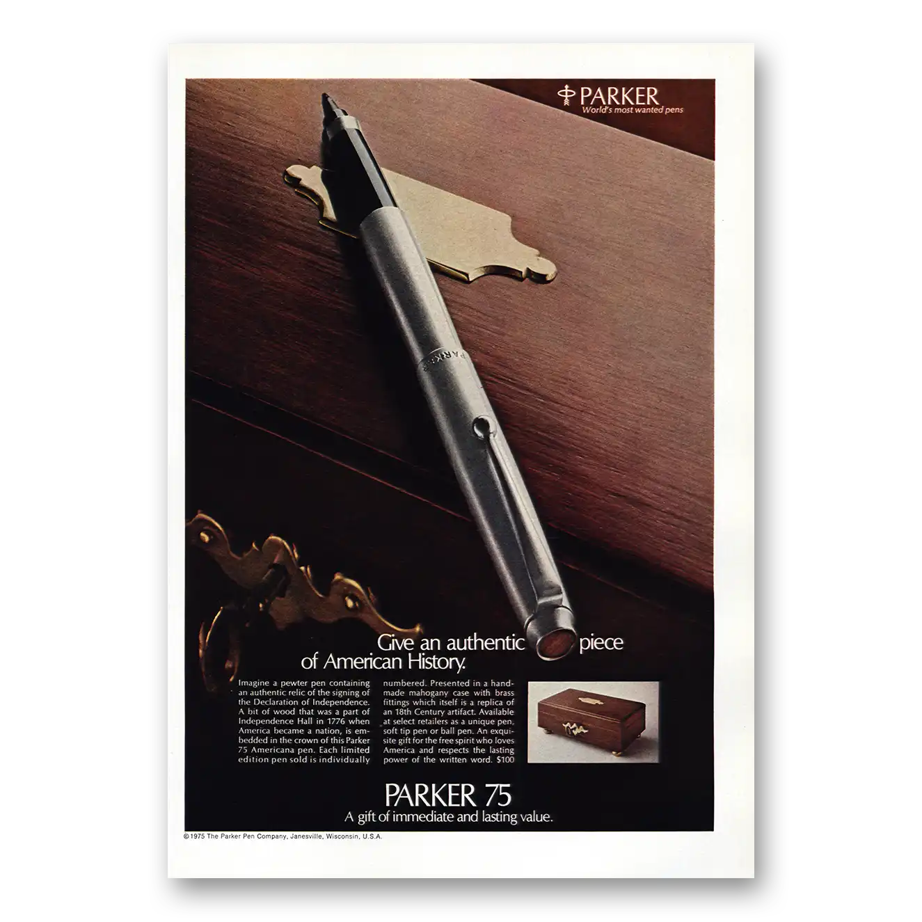 1975 Parker 75 Pen Authentic Piece of American History Vintage Magazine Print Ad