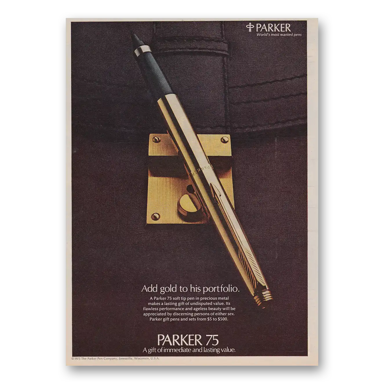 1975 Parker 75 Pen Add Gold To His Portfolio Vintage Magazine Print Ad