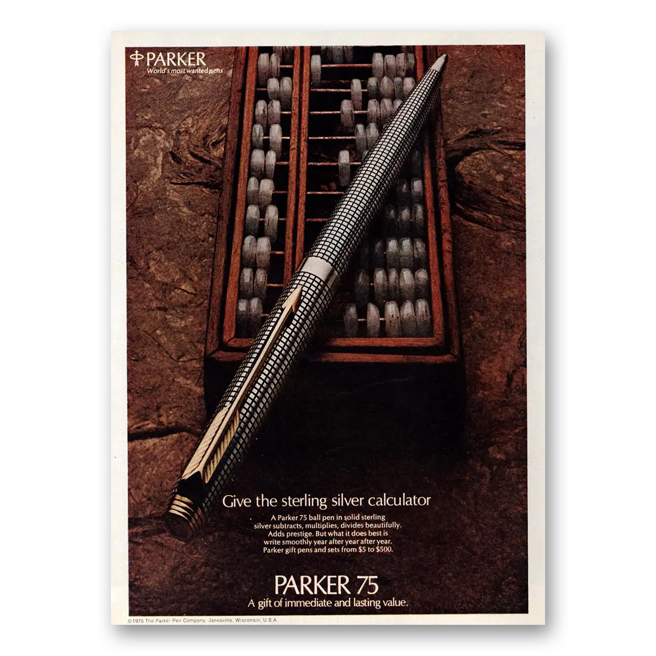 1975 Parker 75 Pen Sterling Silver Calculator Vintage Magazine Print Ad