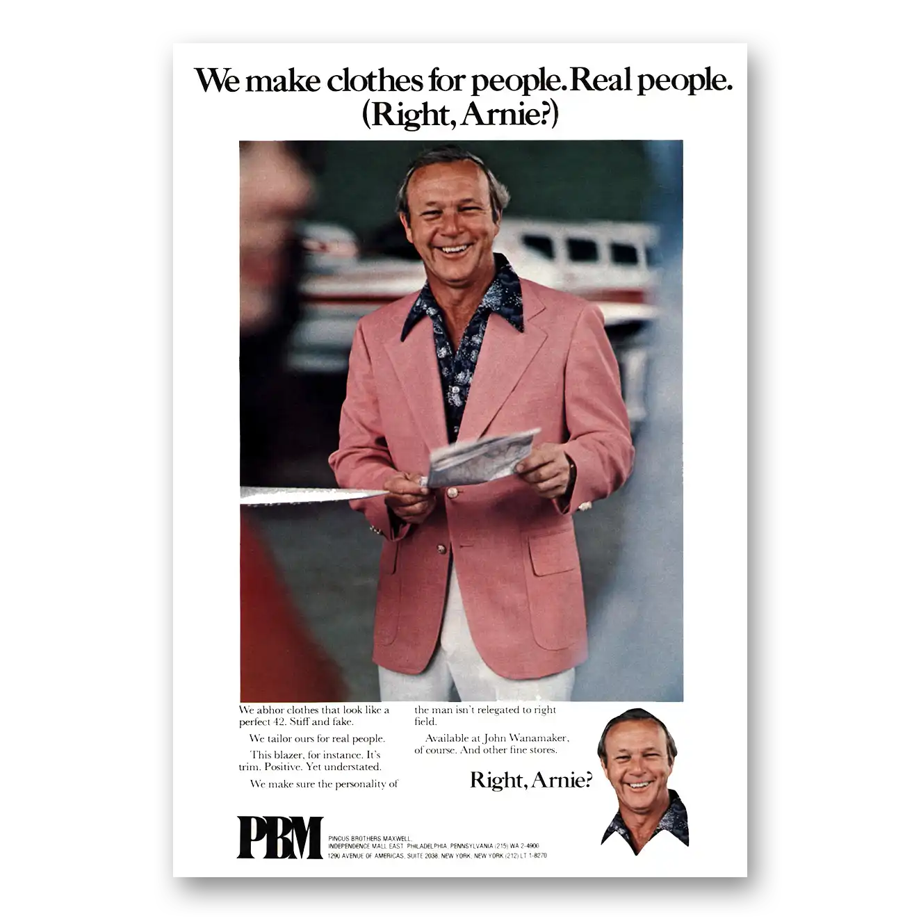 1975 Pincus Brothers Maxwell PBM Clothes for People Real People Right Arnie Vintage Magazine Print Ad