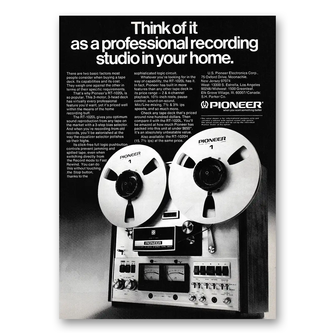 1975 Pioneer Tape Deck Think of It As a Professional Recording Studio In Your Home Vintage Magazine Print Ad