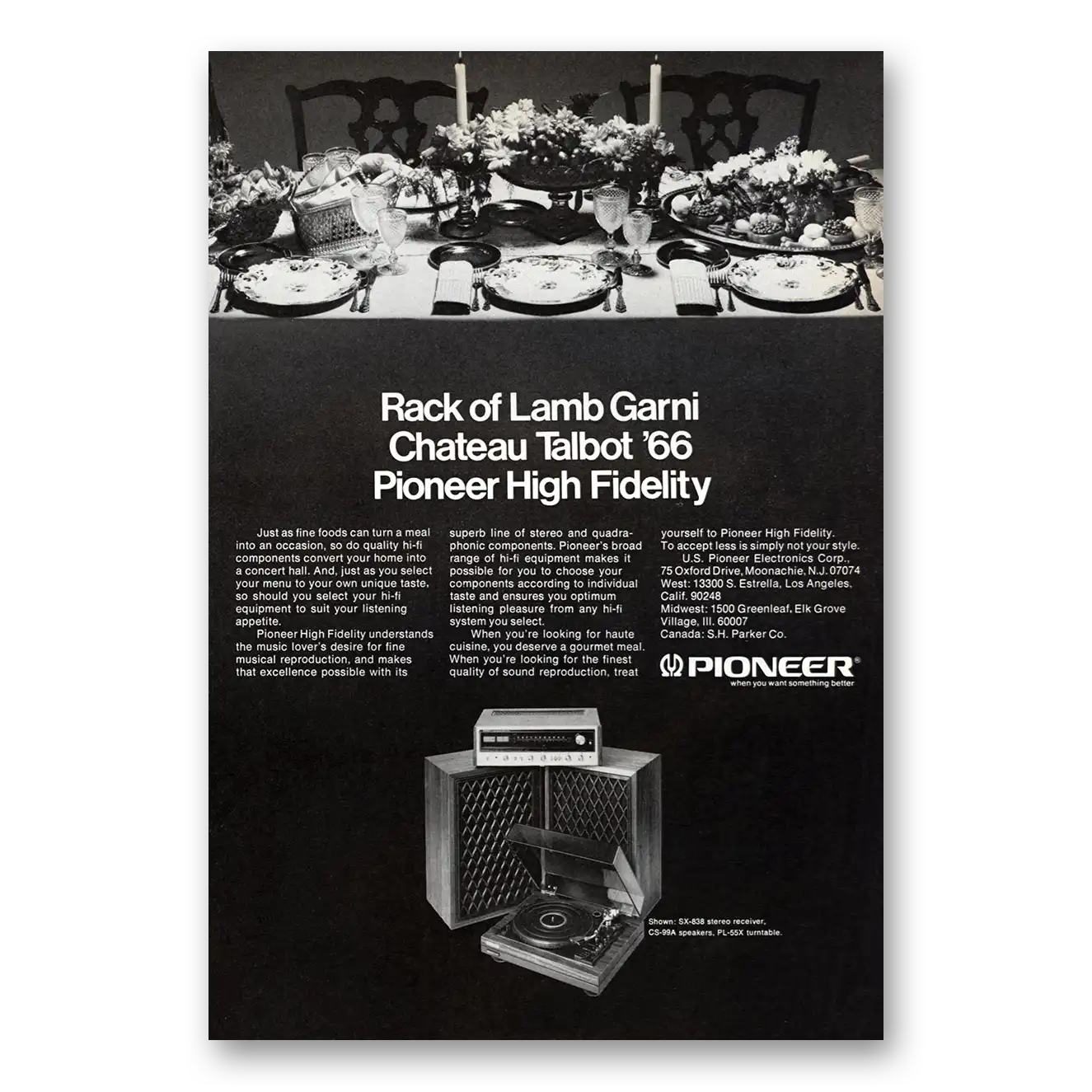 1975 Pioneer Stereo Components High Fidelity Rack of Lamb Garni Vintage Magazine Print Ad