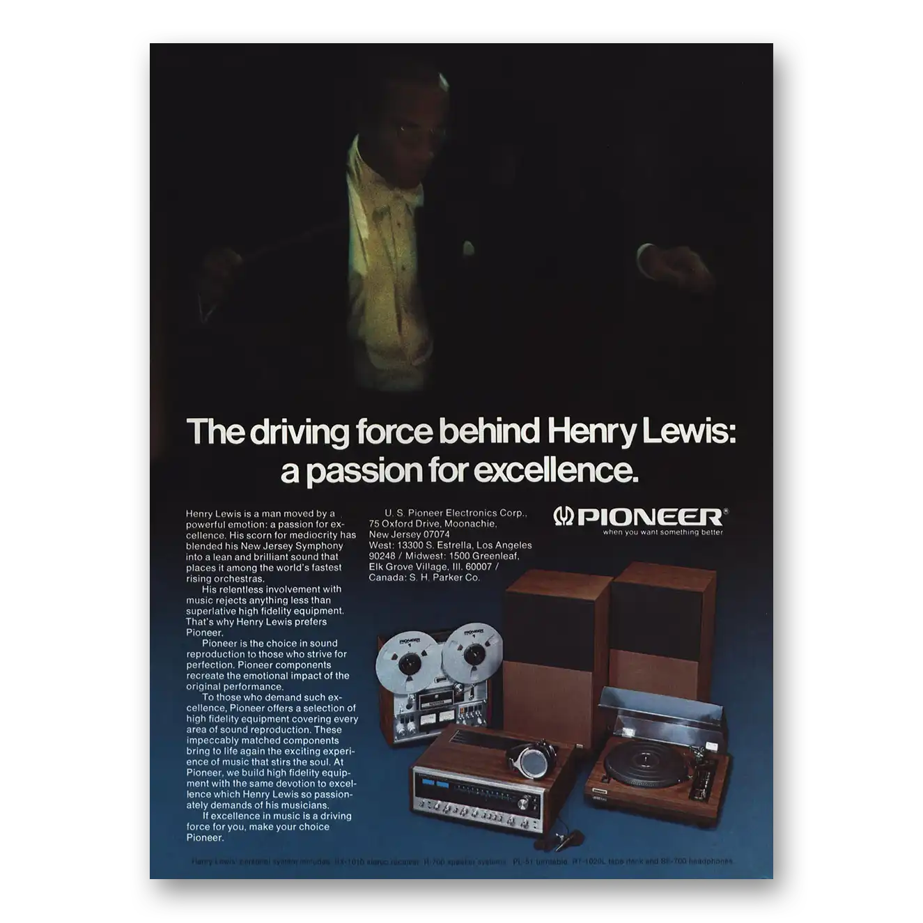 1975 Pioneer Stereo Components Driving Force Behind Henry Lewis Vintage Magazine Print Ad