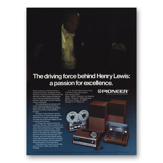 1975 Pioneer Stereo Components Driving Force Behind Henry Lewis Vintage Magazine Print Ad