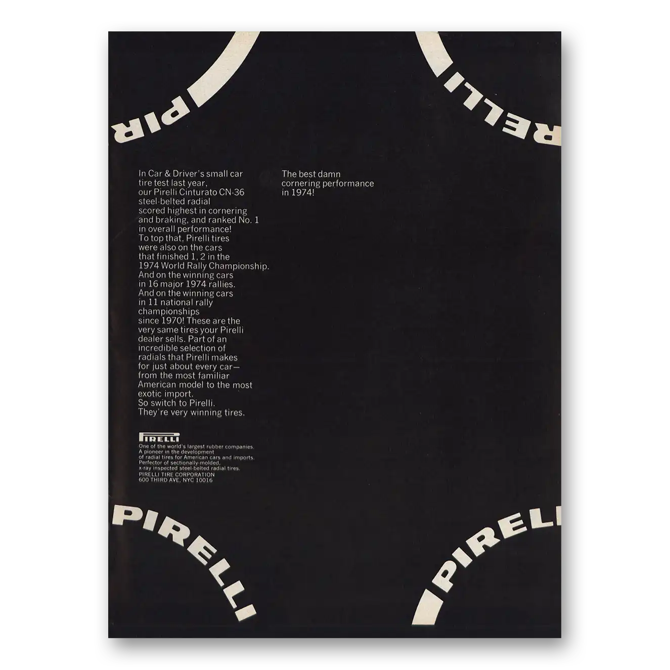 1975 Pirelli Tires Best Damn Cornering Performance Vintage Magazine Print Ad