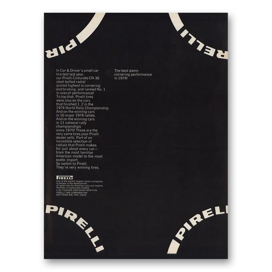 1975 Pirelli Tires Best Damn Cornering Performance Vintage Magazine Print Ad