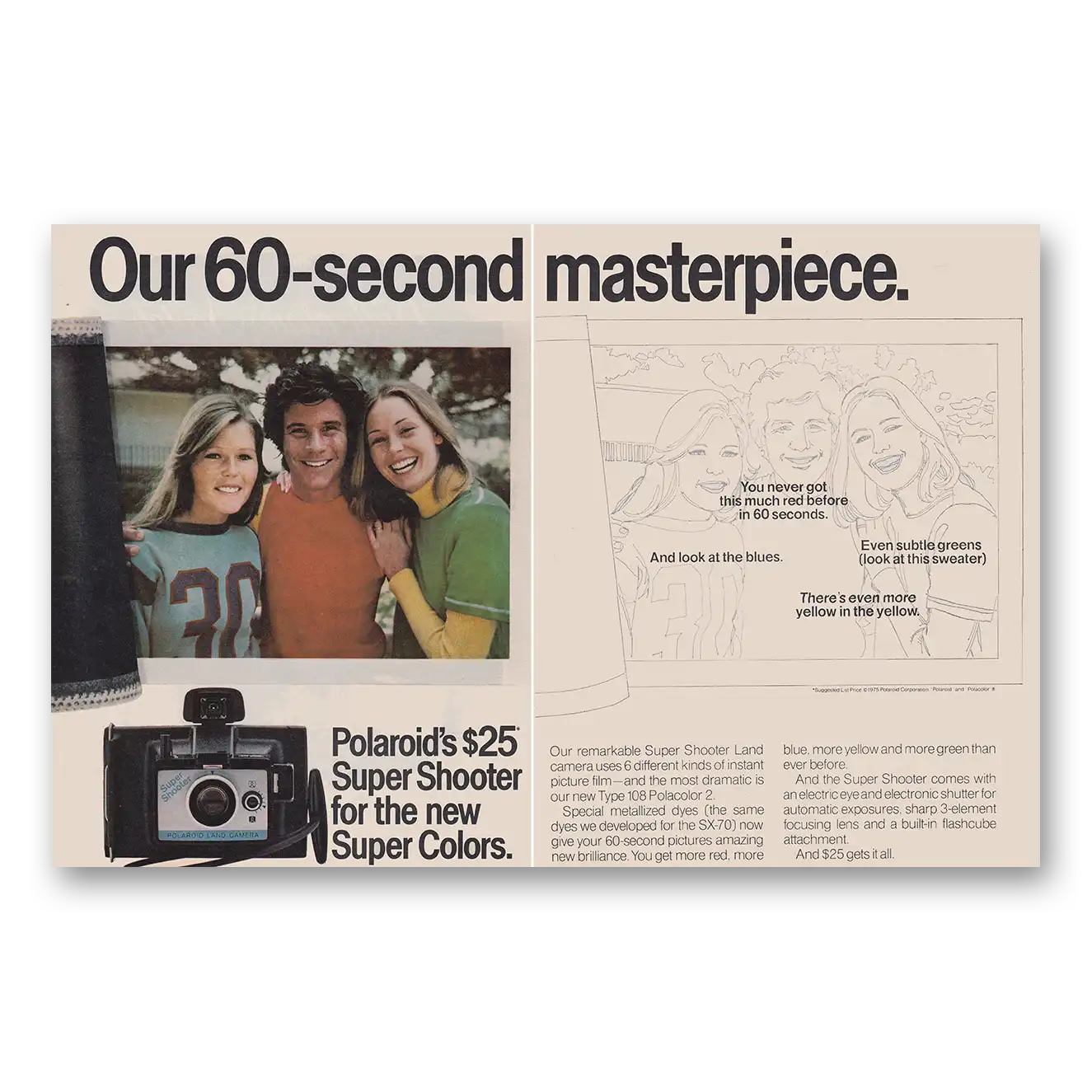 1975 Polaroid Super Shooter 60 Second Masterpiece Vintage Magazine Print Ad