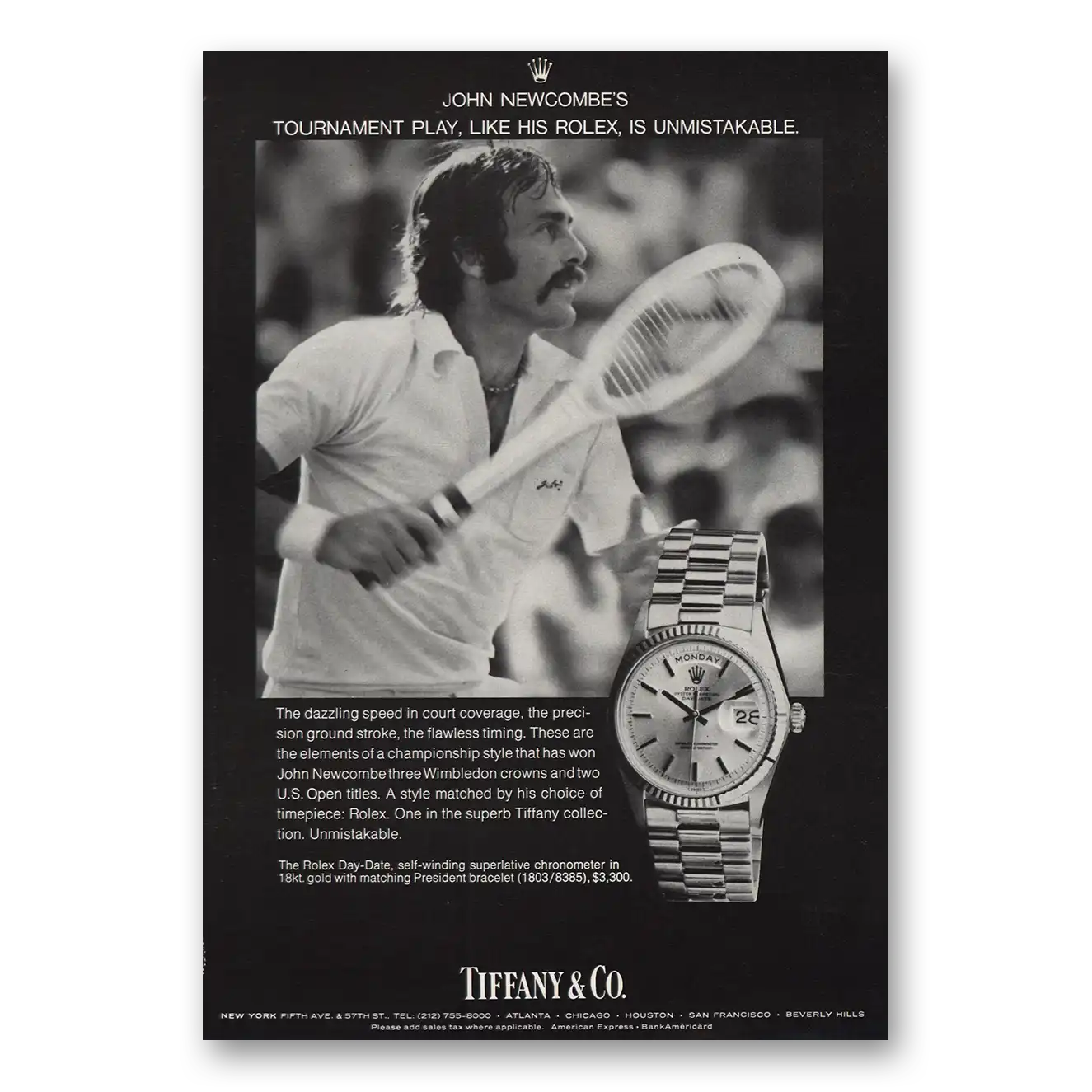 1975 Tiffany & Co John Newcombe Rolex Vintage Magazine Print Ad