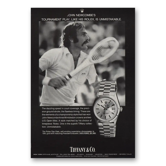 1975 Tiffany & Co John Newcombe Rolex Vintage Magazine Print Ad