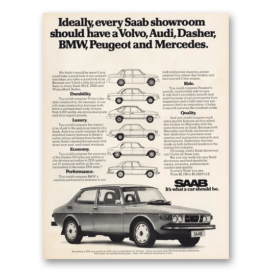 1975 Saab Every Saab Showroom Volvo Audi Dasher BMW Vintage Magazine Print Ad