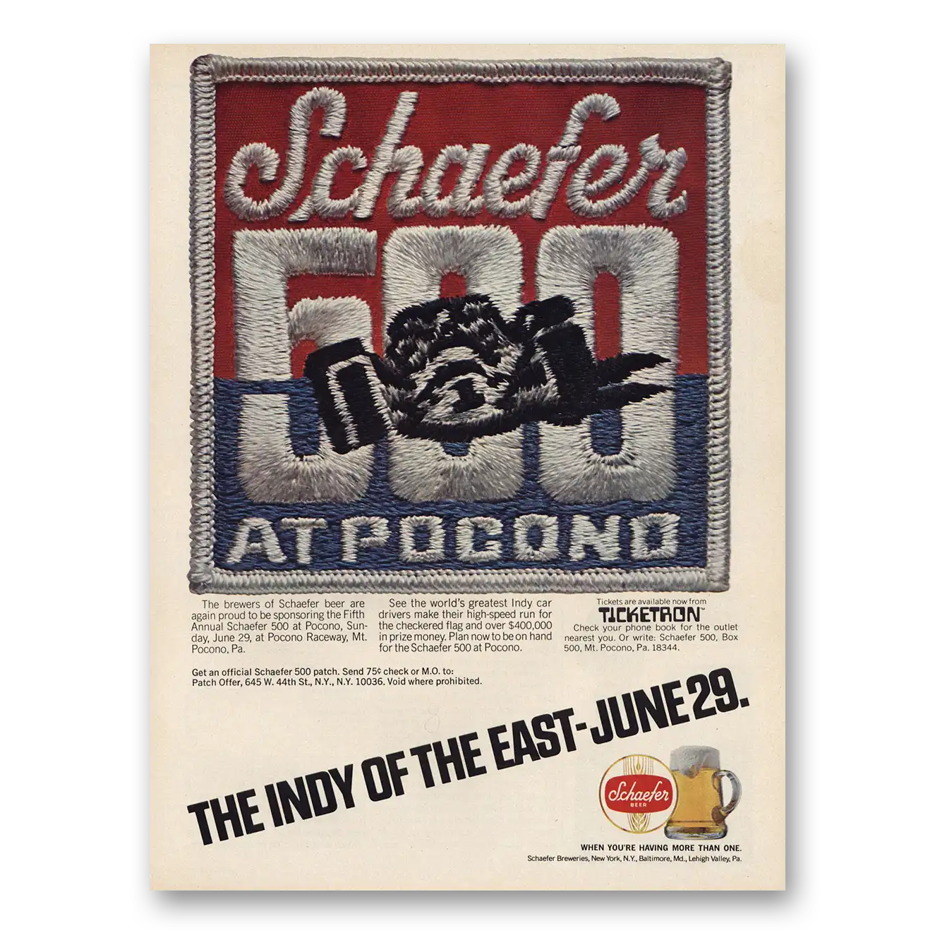 1975 Schaefer Beer Pocono The Indy of the East Vintage Magazine Print Ad