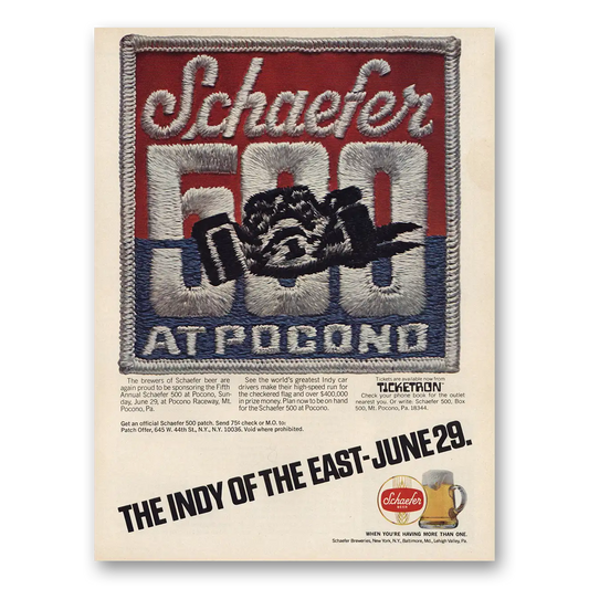 1975 Schaefer Beer Pocono The Indy of the East Vintage Magazine Print Ad