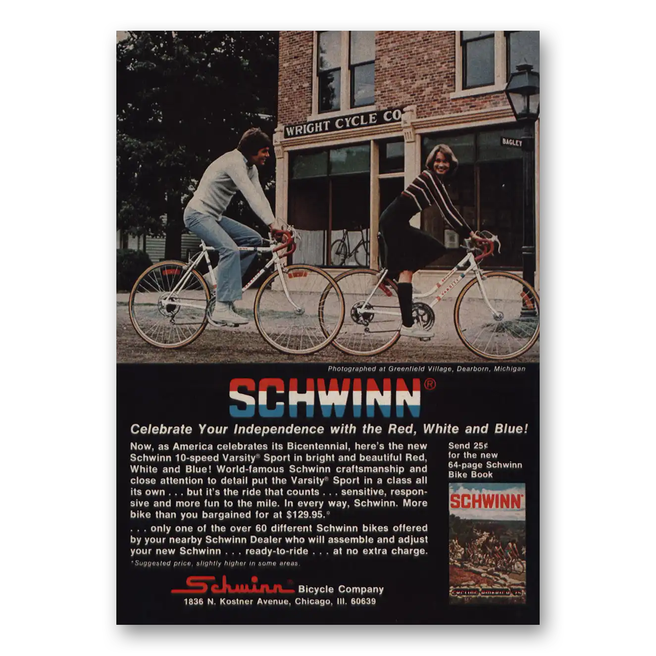 1975 Schwinn Bicycles Wright Cycle Vintage Magazine Print Ad