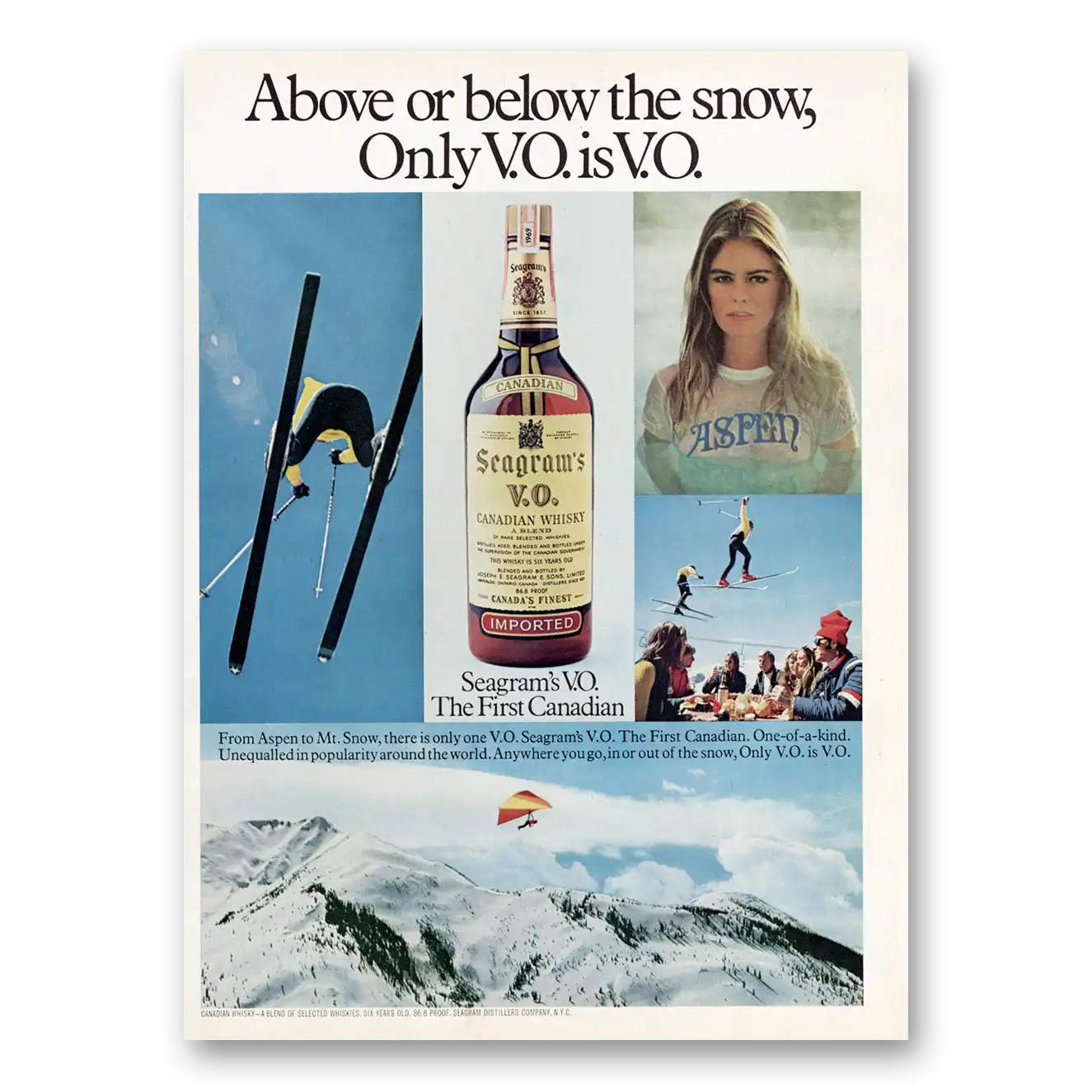 1975 Seagrams VO Whisky Above or Below the Snow Vintage Magazine Print Ad