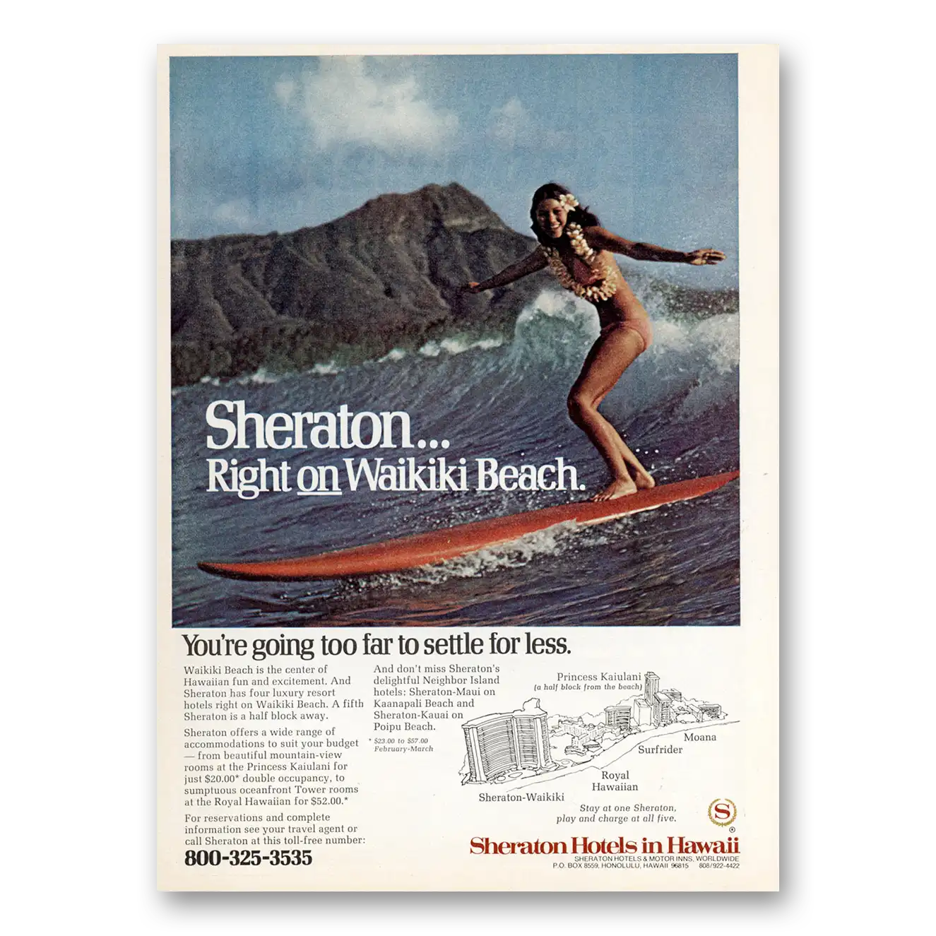 1975 Sheraton Hotels Hawaii Hotel Actually on Waikiki Surfer Vintage Magazine Print Ad