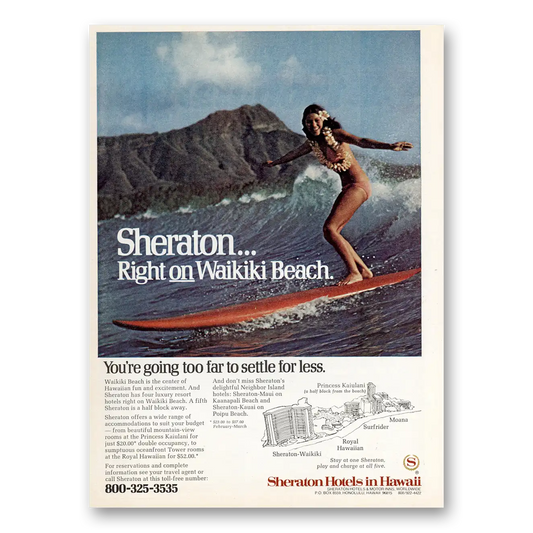 1975 Sheraton Hotels Hawaii Hotel Actually on Waikiki Surfer Vintage Magazine Print Ad