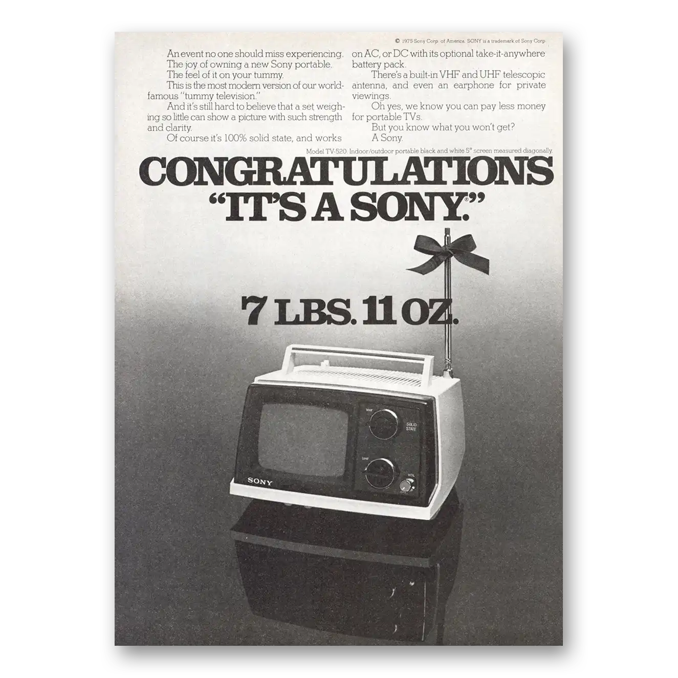 1975 Sony Portable TV Congratulations 7 Lbs 11 Oz Vintage Magazine Print Ad