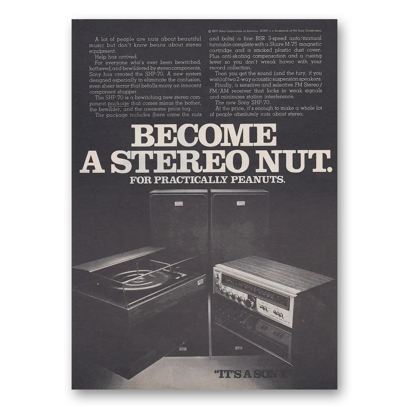 1975 Sony Stereo Become a Stereo Nut Vintage Magazine Print Ad