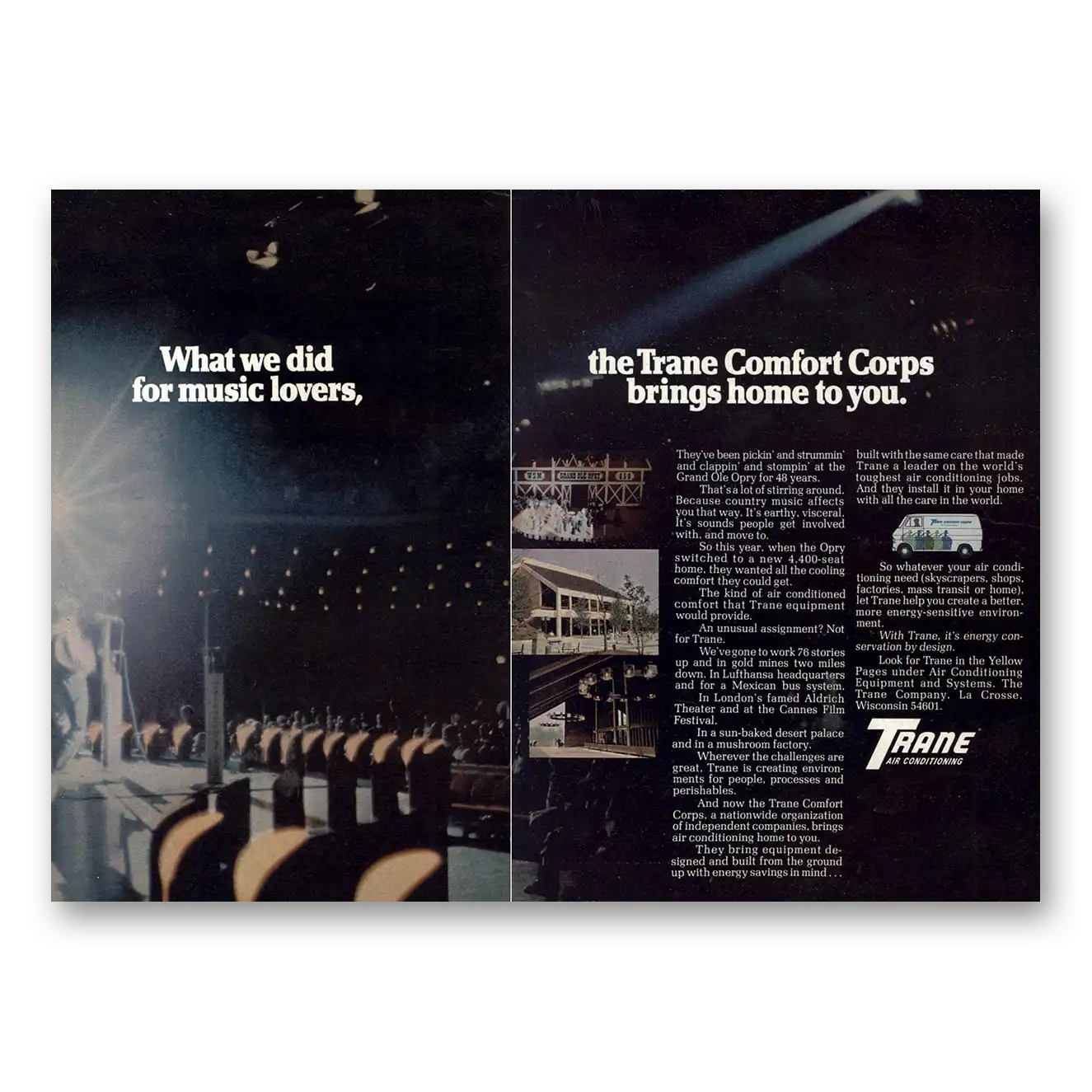 1975 Trane Air Condioning What We Did for Music Lovers Vintage Magazine Print Ad