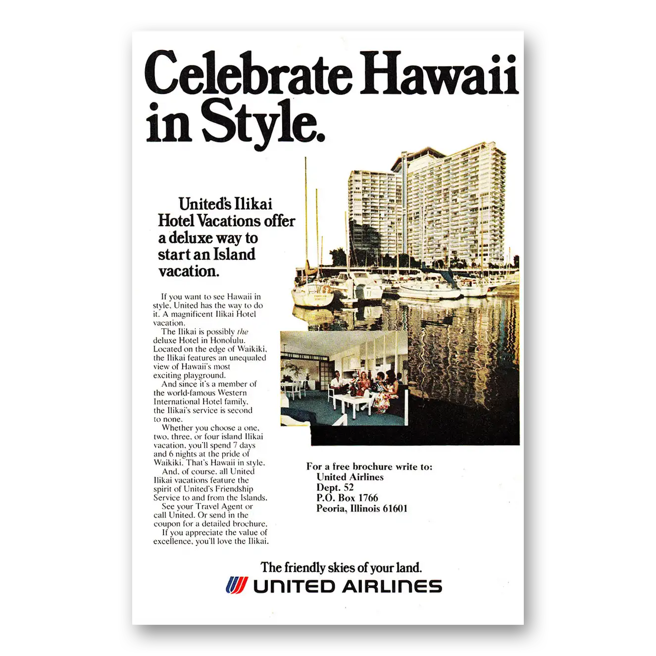 1975 United Airlines Celebrate Hawaii Ilikai Vintage Magazine Print Ad