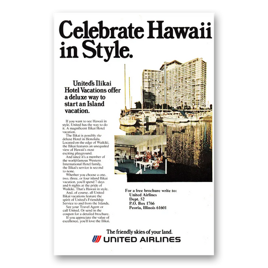 1975 United Airlines Celebrate Hawaii Ilikai Vintage Magazine Print Ad