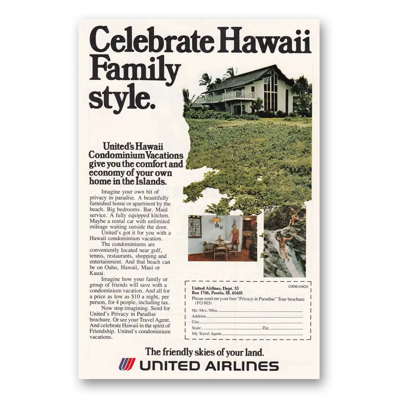 1975 United Airlines Celebrate Hawaii Family Style Vintage Magazine Print Ad