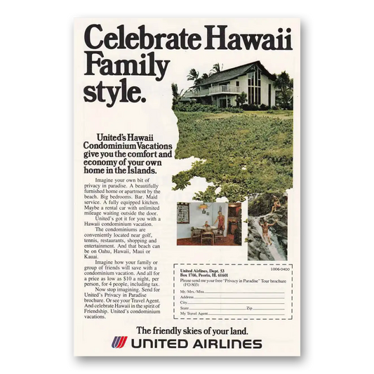 1975 United Airlines Celebrate Hawaii Family Style Vintage Magazine Print Ad