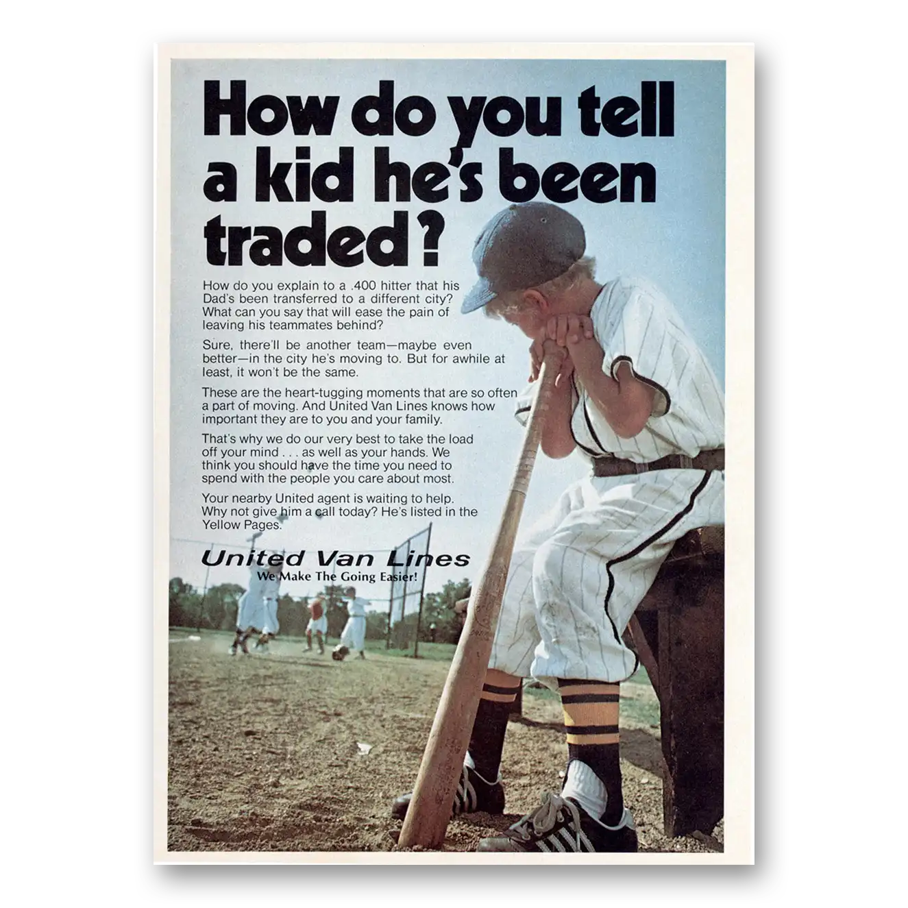 1975 United Van Lines Tell a Kid He's Been Traded Vintage Magazine Print Ad