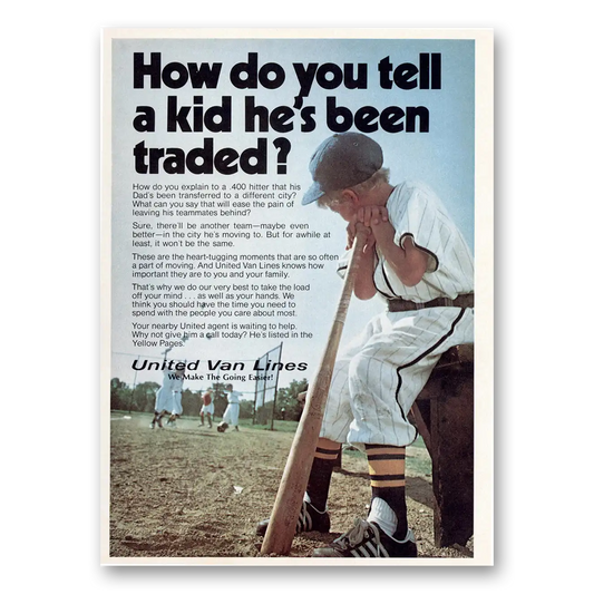 1975 United Van Lines Tell a Kid He's Been Traded Vintage Magazine Print Ad