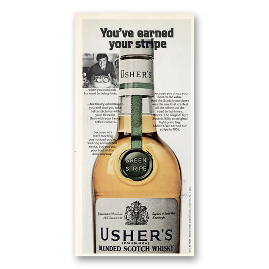 1975 Ushers Green Stripe Whisky Earned Your Stripe Vintage Magazine Print Ad