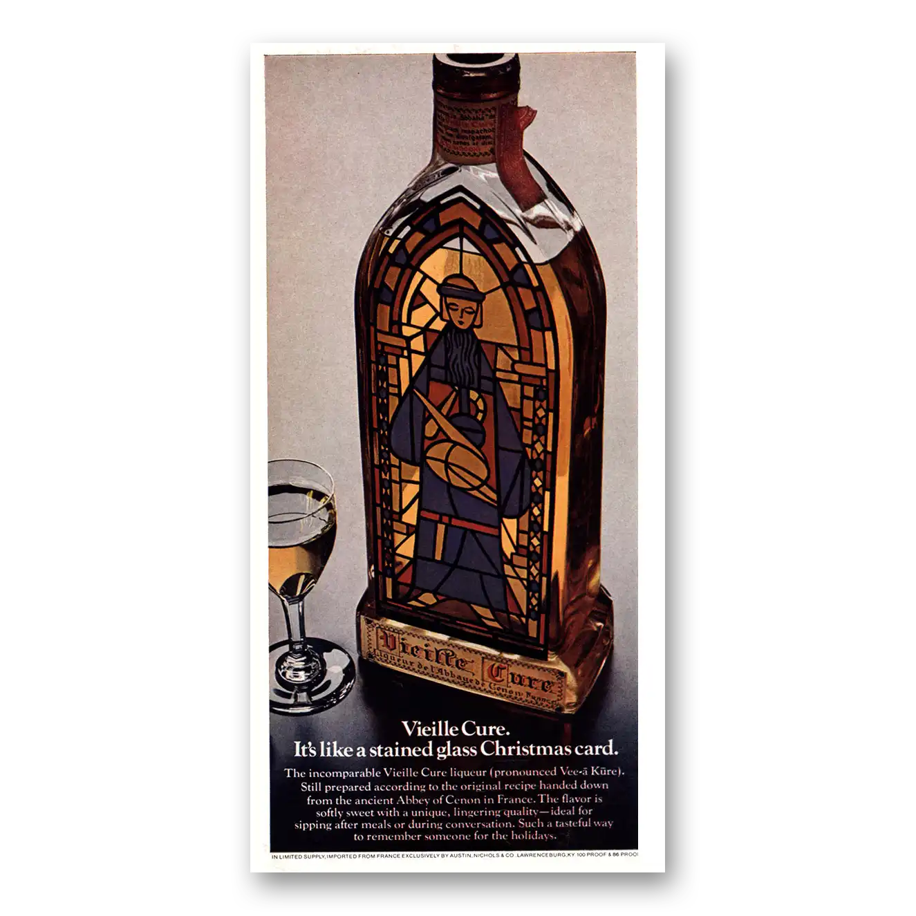 1975 Vieille Cure Liqueur Like Stained Glass Christmas Card Vintage Magazine Print Ad