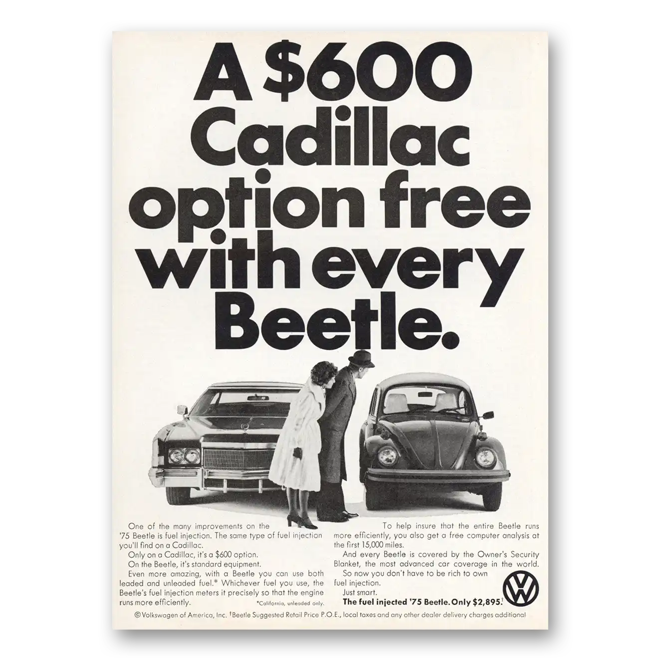 1975 Volkswagen Beetle Cadillac Option Free With Every Beetle Vintage Magazine Print Ad