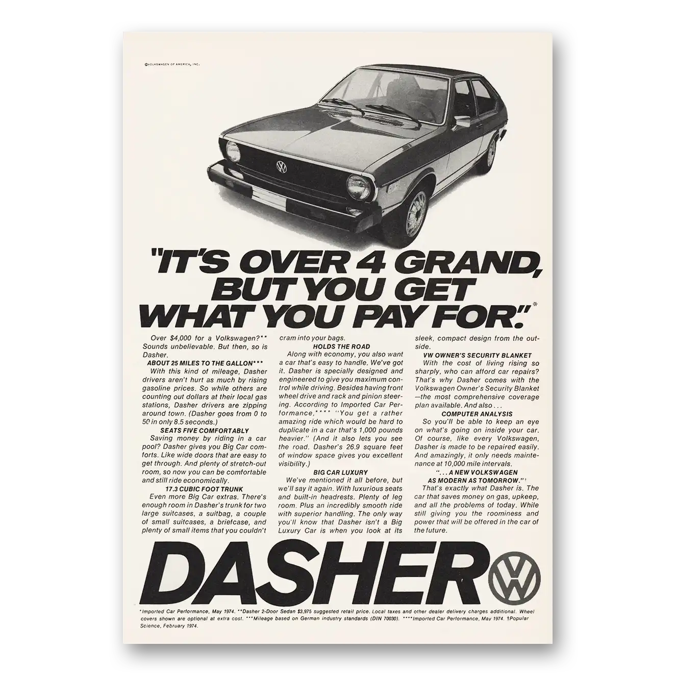 1975 Volkswagen Dasher Over 4 Grand Vintage Magazine Print Ad