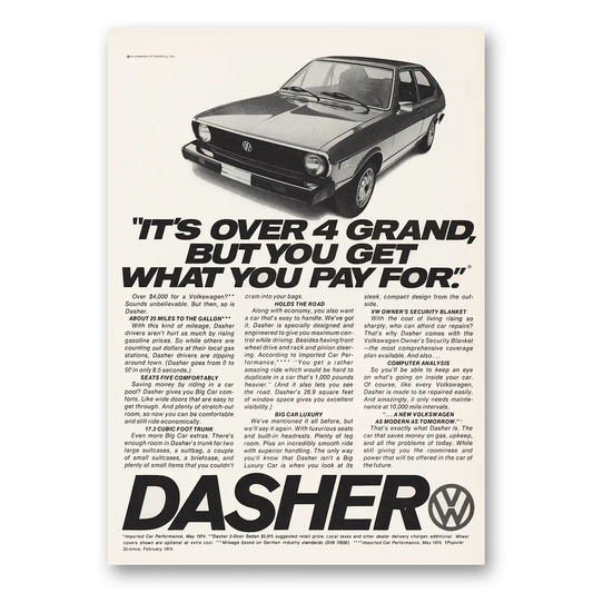 1975 Volkswagen Dasher Over 4 Grand Vintage Magazine Print Ad