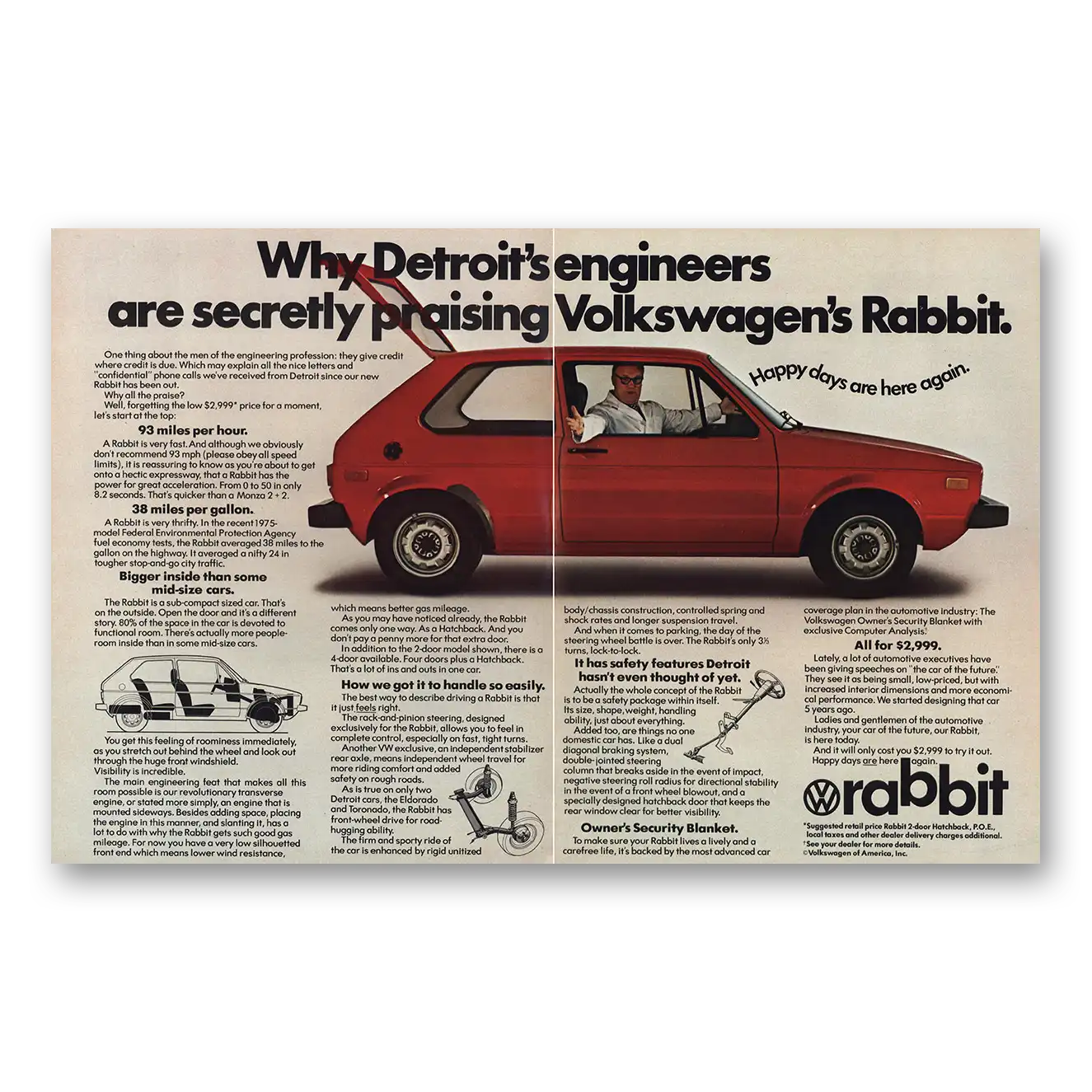 1975 Volkswagen Rabbit Detroits Engineers Secretly Praising Vintage Magazine Print Ad