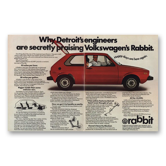 1975 Volkswagen Rabbit Detroits Engineers Secretly Praising Vintage Magazine Print Ad