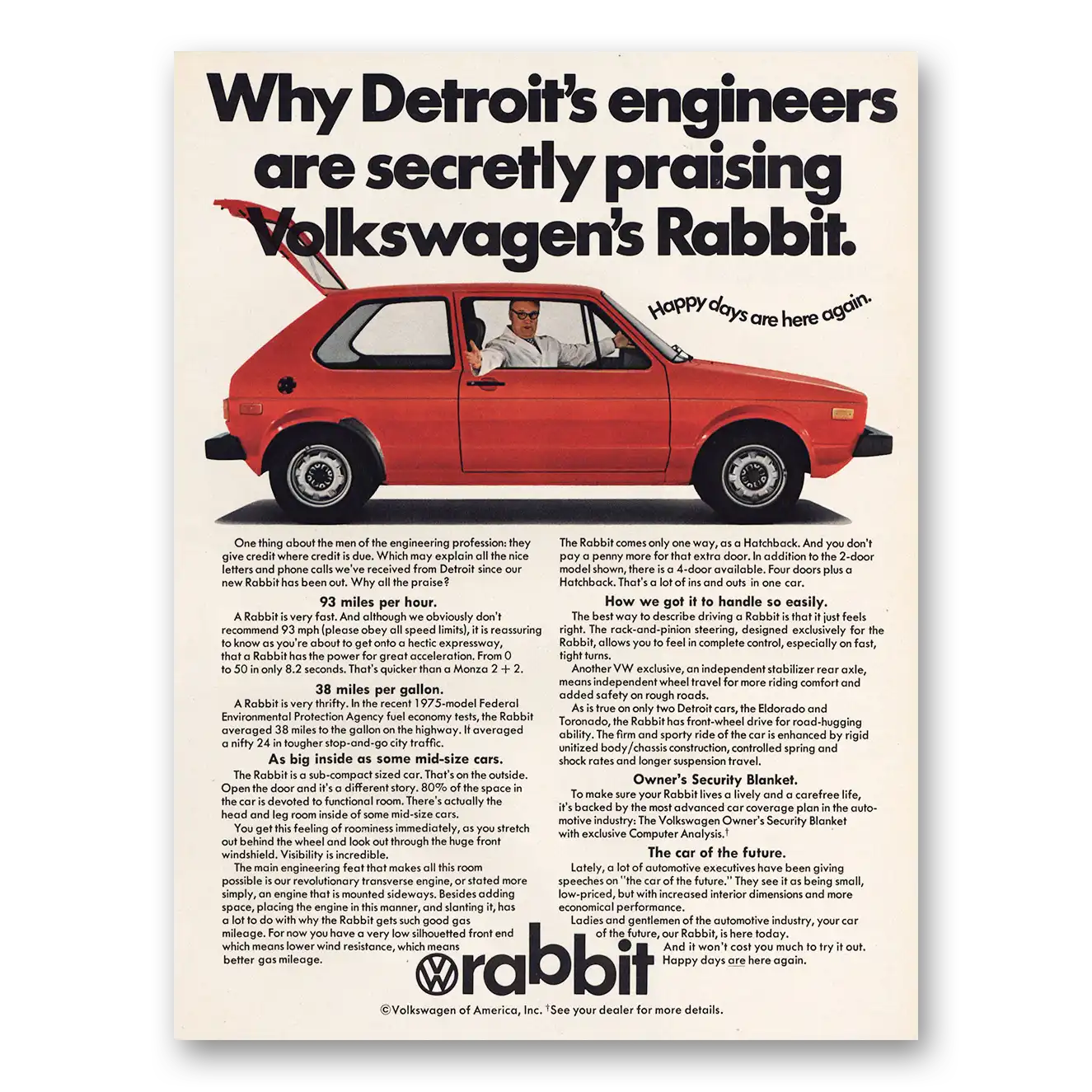 1975 Volkswagen Rabbit Detroits Engineers Secretly Praising Vintage Magazine Print Ad