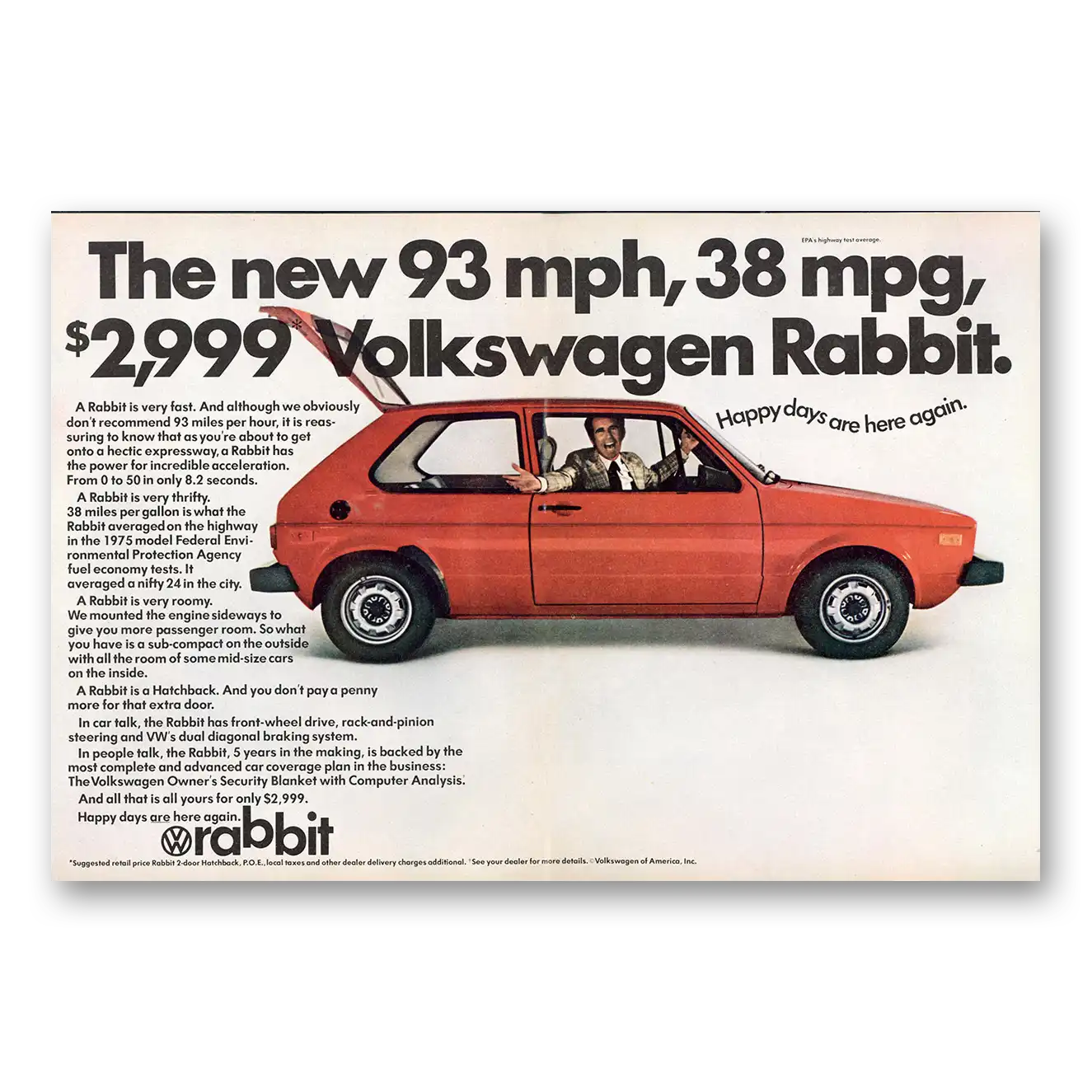 1975 Volkswagen Rabbit 93 Mph 38 Mpg Vintage Magazine Print Ad