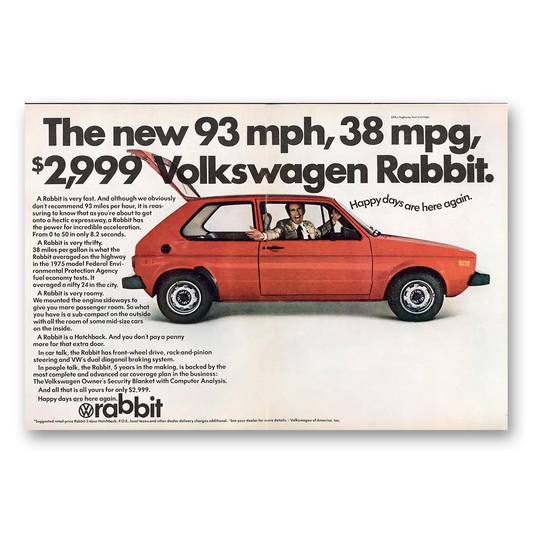 1975 Volkswagen Rabbit 93 Mph 38 Mpg Vintage Magazine Print Ad