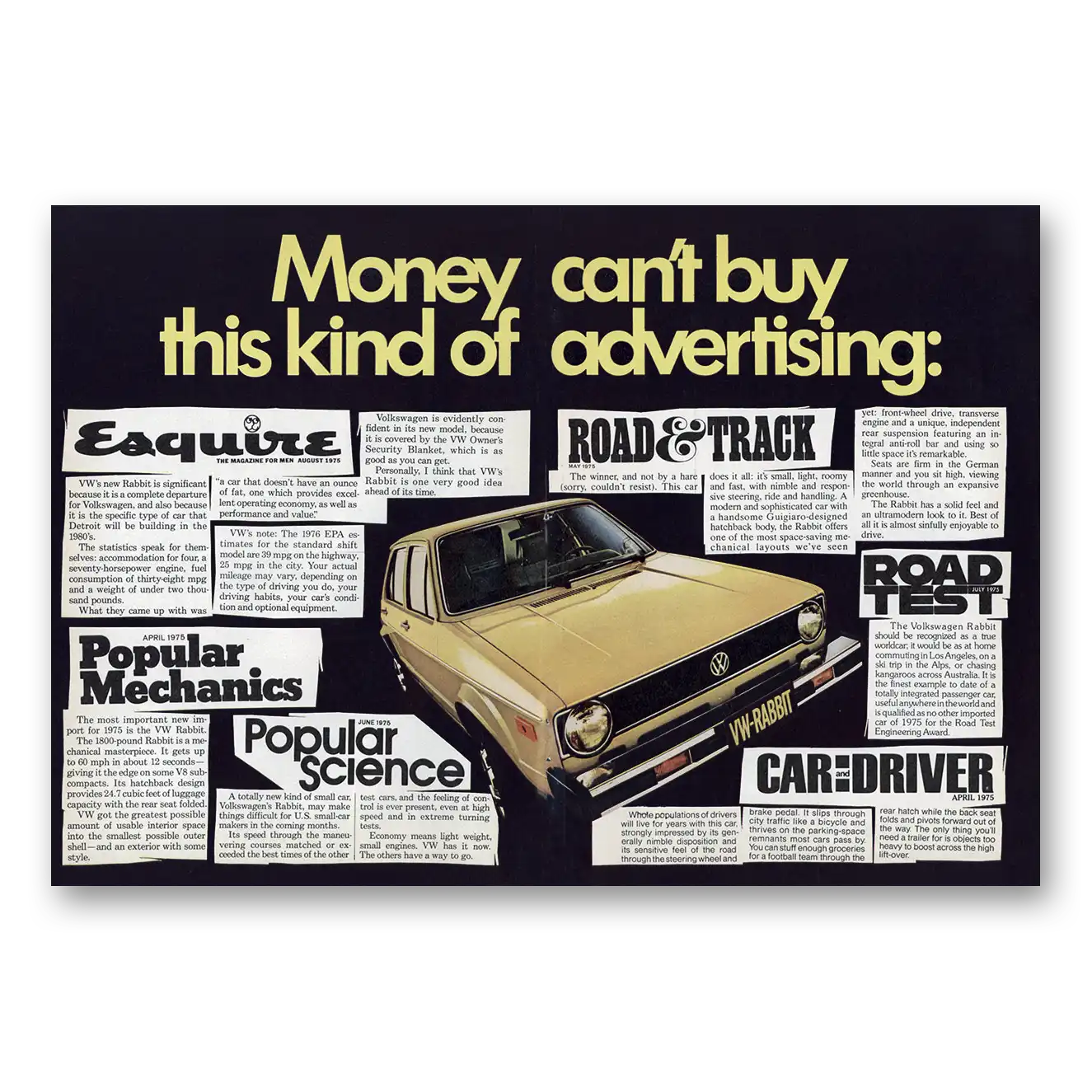 1975 Volkswagen Rabbit Money Cant Buy This Kind of Advertising Vintage Magazine Print Ad