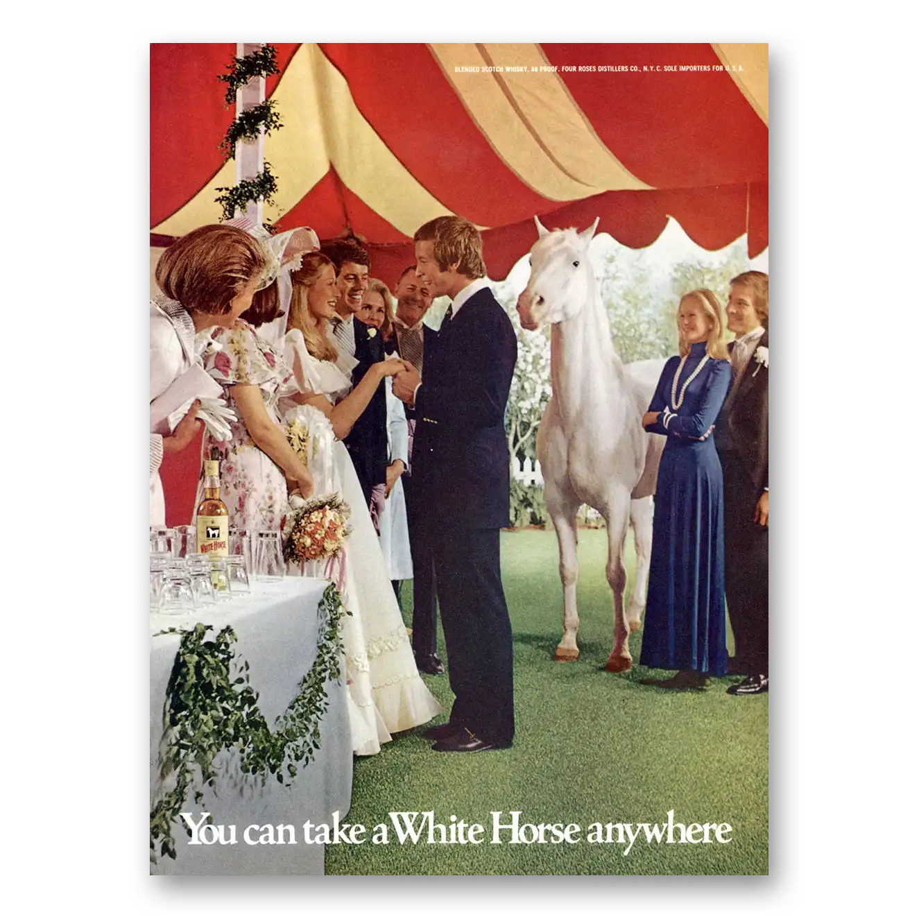 1975 White Horse Scotch Whisky Take a White Horse Anywhere Wedding Vintage Magazine Print Ad