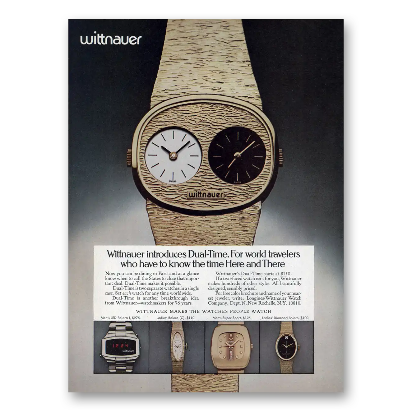 1975 Longines Wittnauer Dual Time for World Travelers Vintage Magazine Print Ad