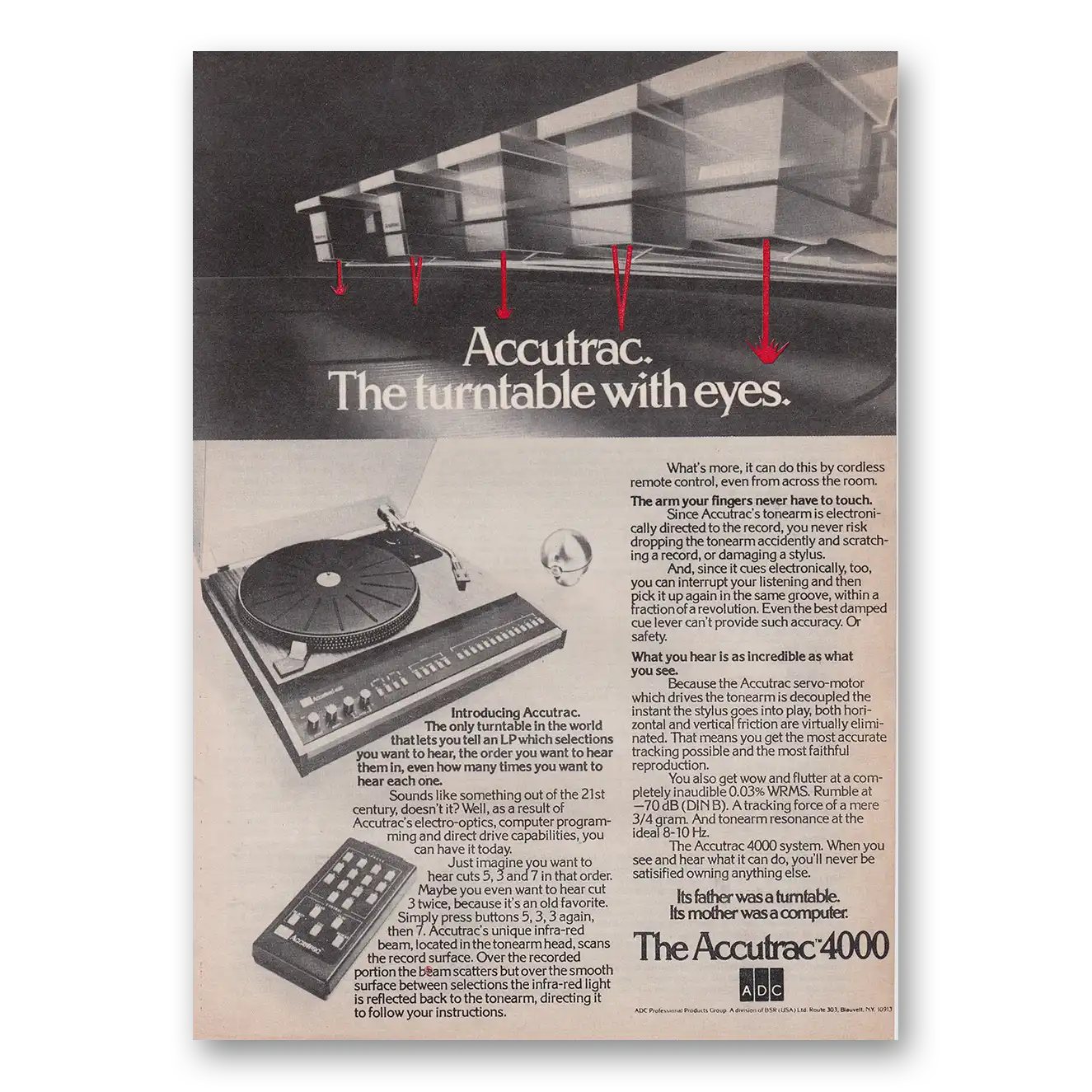 1976 Accutrac 4000 Turntable Turntable with Eyes Vintage Magazine Print Ad