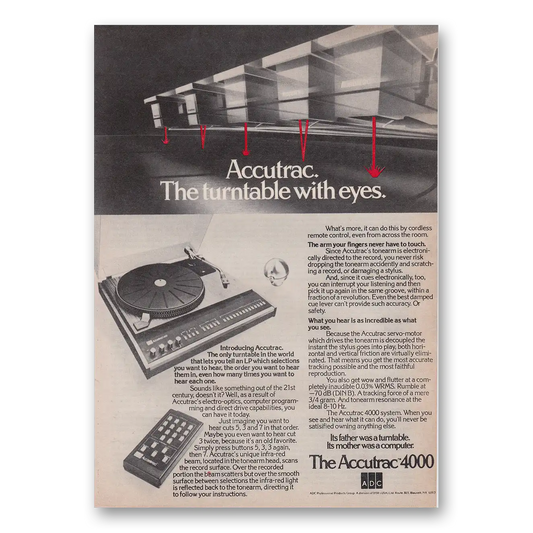 1976 Accutrac 4000 Turntable Turntable with Eyes Vintage Magazine Print Ad