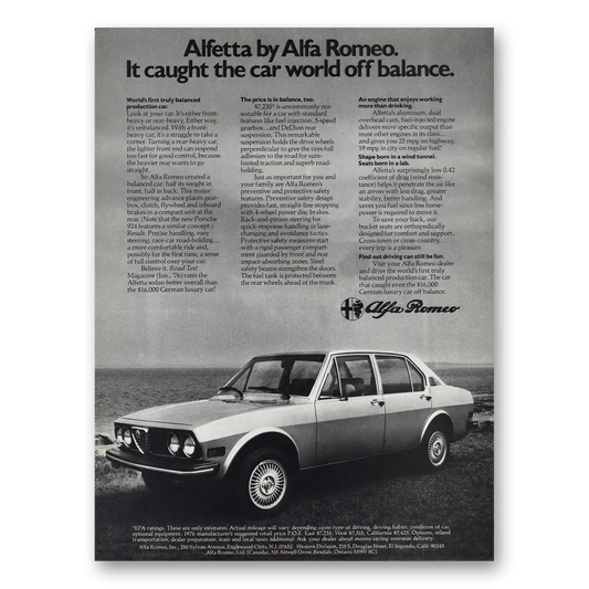 1976 Alfa Romeo Alfetta Caught Car World Off Balance Vintage Magazine Print Ad