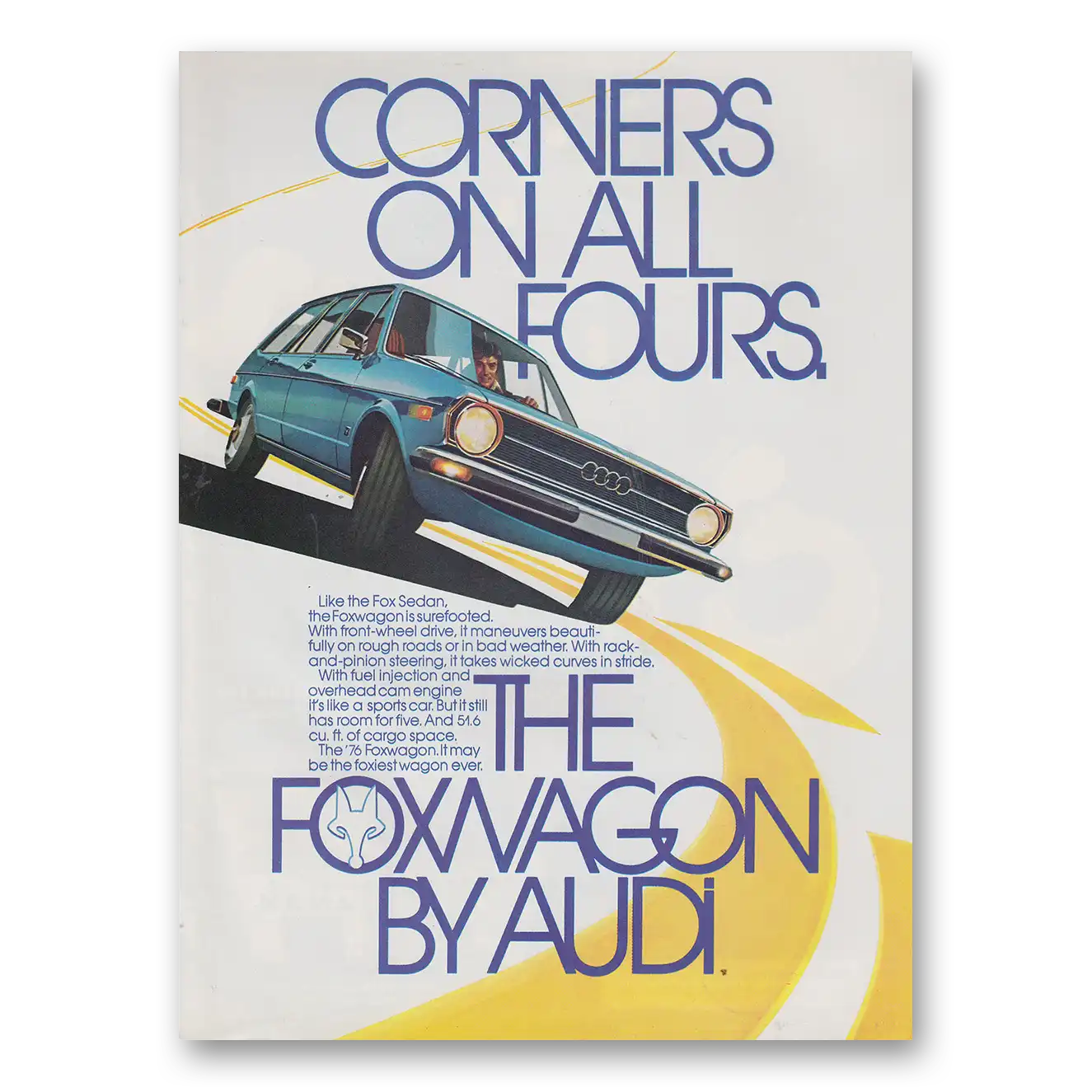 1976 Audi Foxwagon Corners On All Fours Vintage Magazine Print Ad