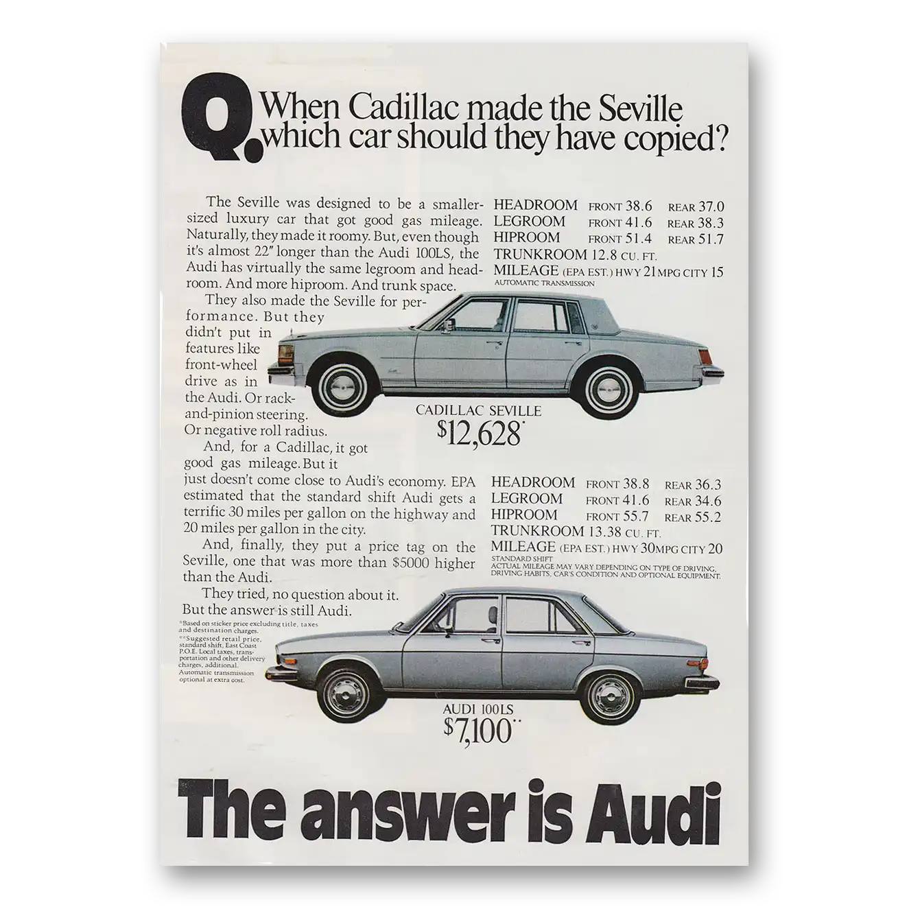 1976 Audi When Cadillac Made the Seville Vintage Magazine Print Ad