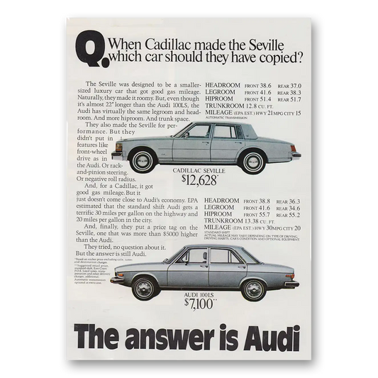 1976 Audi When Cadillac Made the Seville Vintage Magazine Print Ad